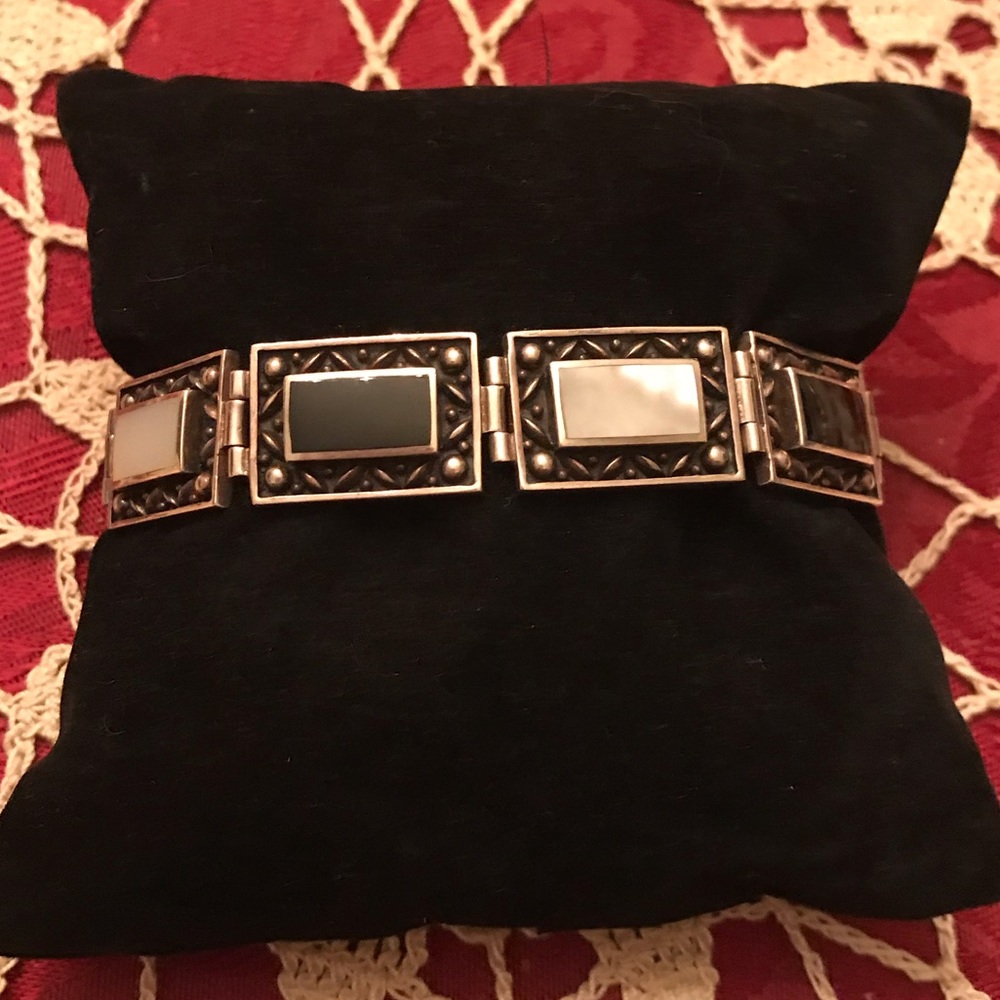 Antique Sterling Silver w/ Onyx & Mother of Pearl